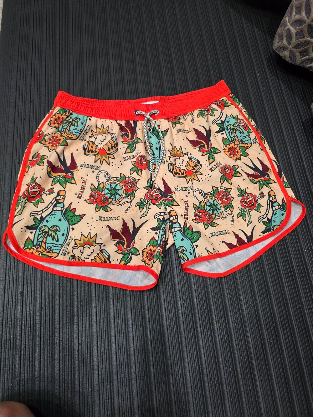 Maamgic Graphic Tattoo Print Artsy Mens Swim Trunks XL Beige Orange Tropical